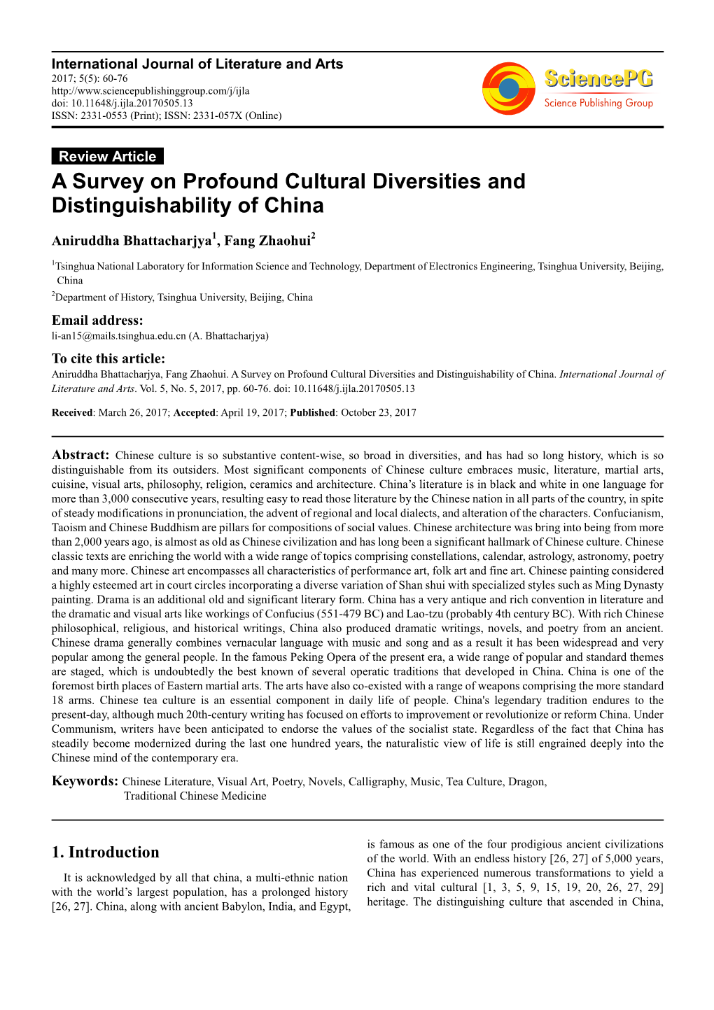 A Survey on Profound Cultural Diversities and Distinguishability of China