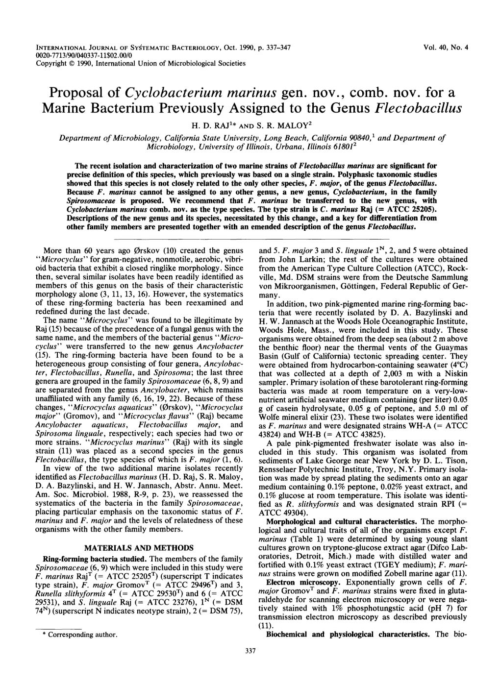 Proposal of Cyclobacterium Marinus Gen. Nov., Comb. Nov. for a Marine Bacterium Previously Assigned to the Genus Flectobacillus