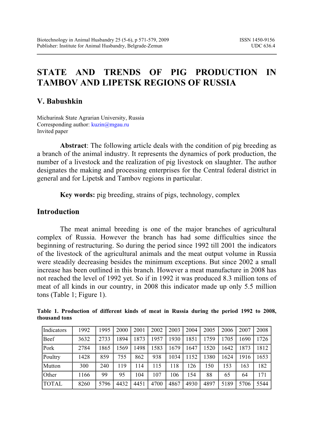 State and Trends of Pig Production in Tambov and Lipetsk Regions of Russia