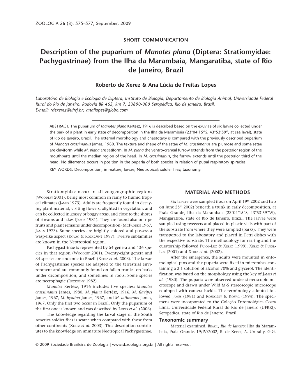 Description of the Puparium of Manotes Plana (Diptera: Stratiomyidae: Pachygastrinae) from the Ilha Da Marambaia, Mangaratiba, State of Rio De Janeiro, Brazil