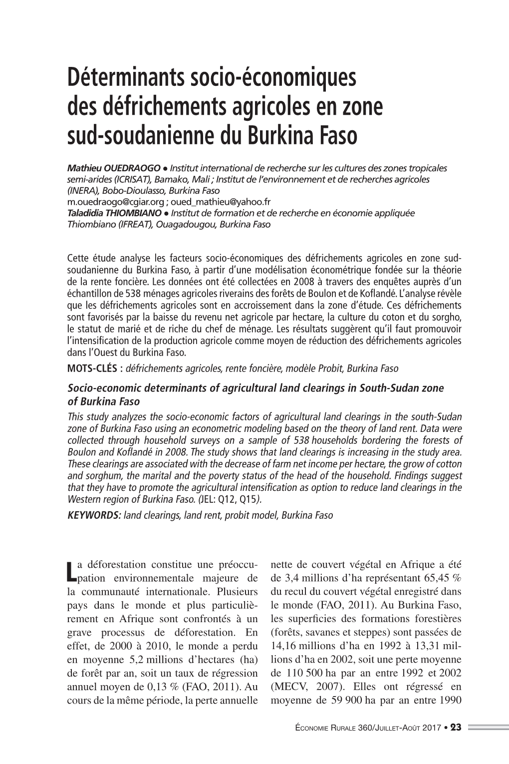 Déterminants Socio‑Économiques Des Défrichements Agricoles En Zone Sud-Soudanienne Du Burkina Faso