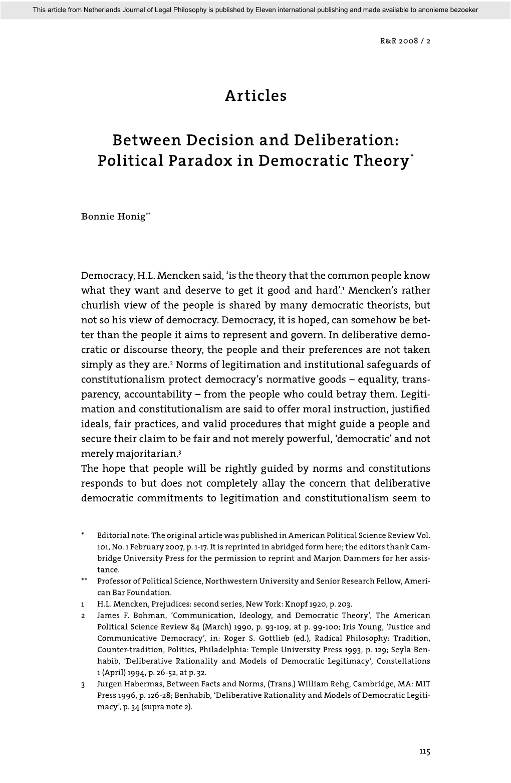 Political Paradox in Democratic Theory*