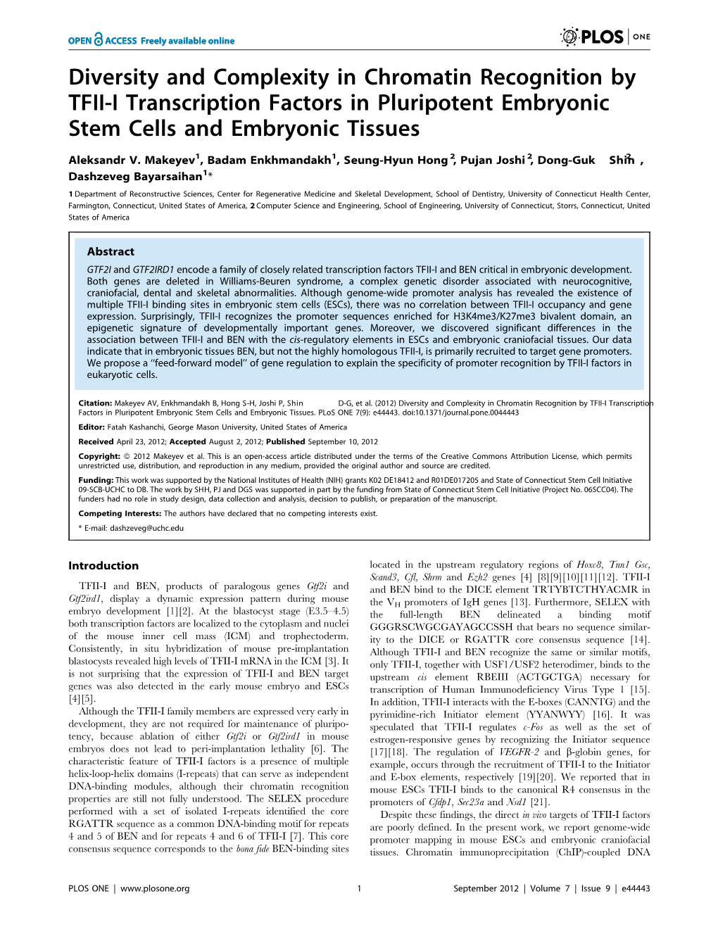 Diversity and Complexity in Chromatin Recognition by TFII-I Transcription Factors in Pluripotent Embryonic Stem Cells and Embryonic Tissues