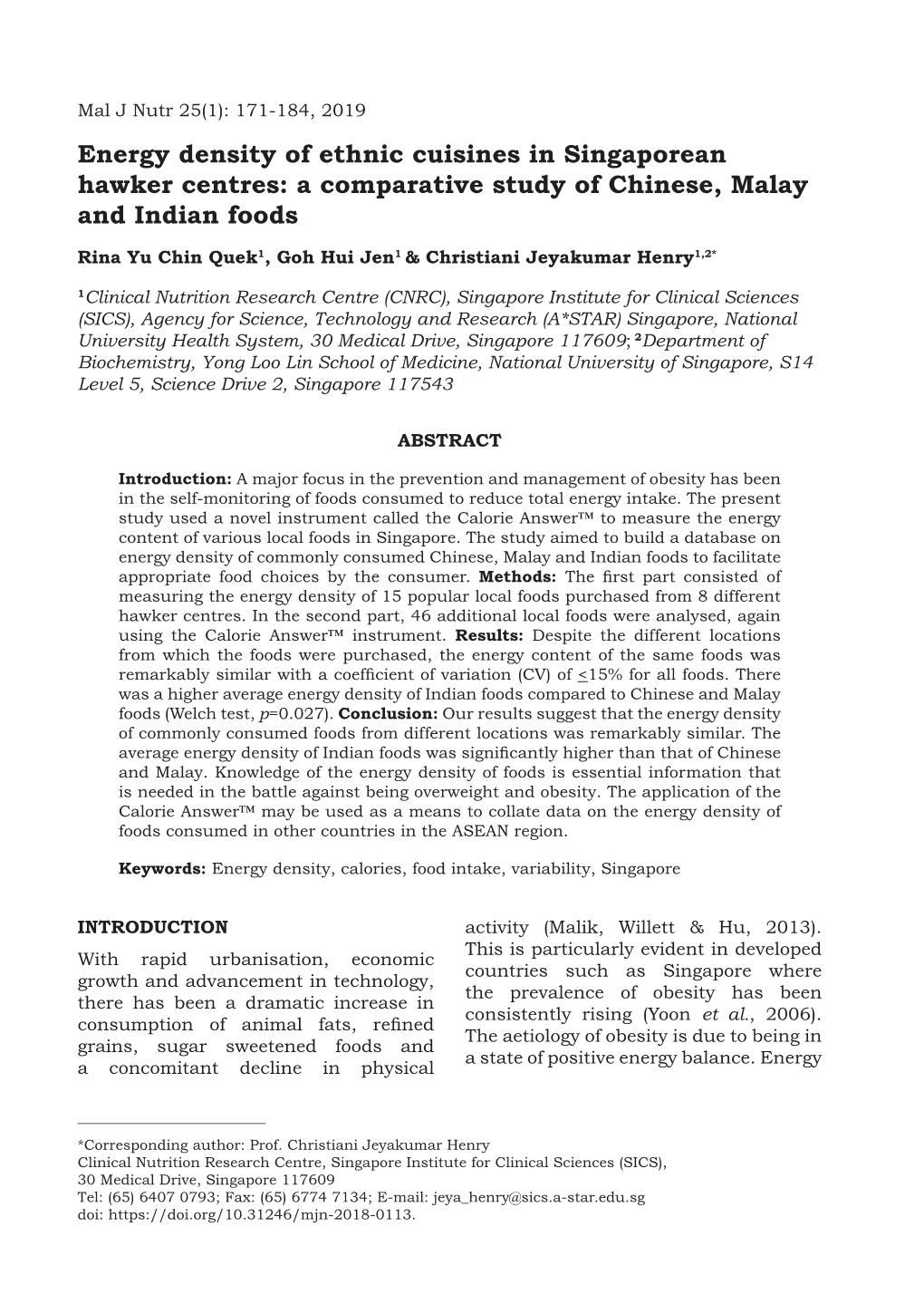 Energy Density of Ethnic Cuisines in Singaporean Hawker Centres: a Comparative Study of Chinese, Malay and Indian Foods