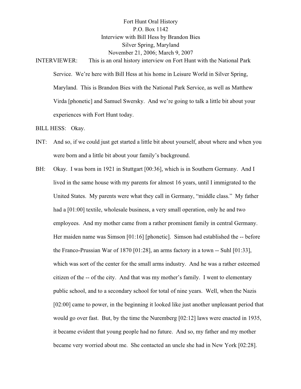 Fort Hunt Oral History Transcript Bill Hess