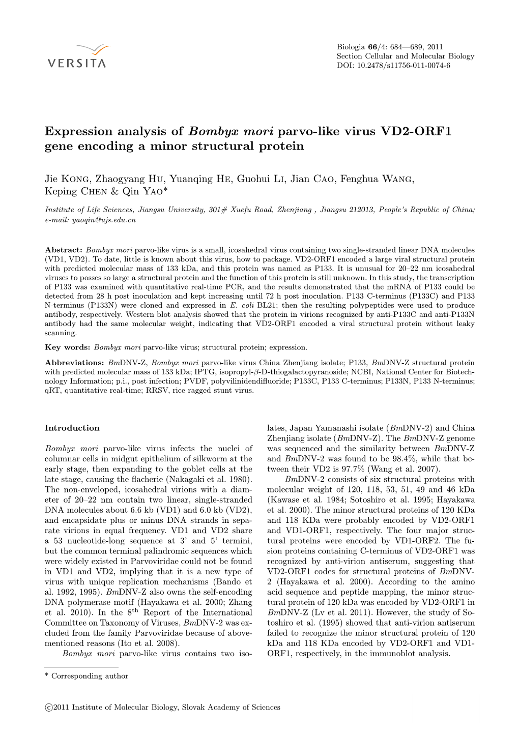 Expression Analysis of Bombyx Mori Parvo-Like Virus VD2-ORF1 Gene Encoding a Minor Structural Protein
