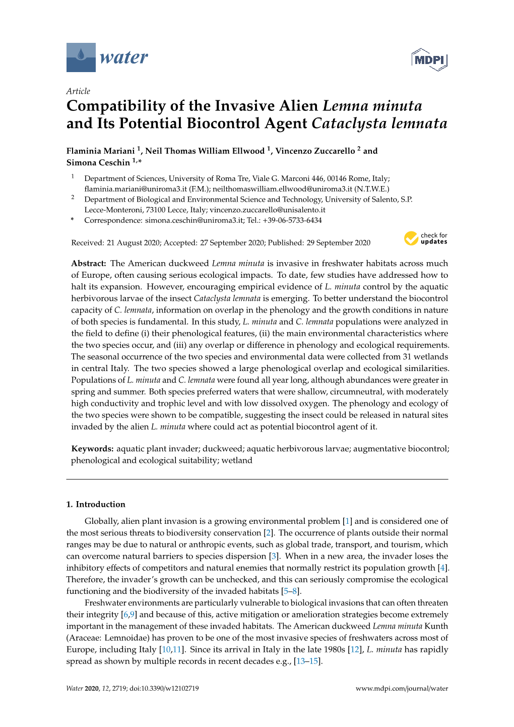 Compatibility of the Invasive Alien Lemna Minuta and Its Potential Biocontrol Agent Cataclysta Lemnata