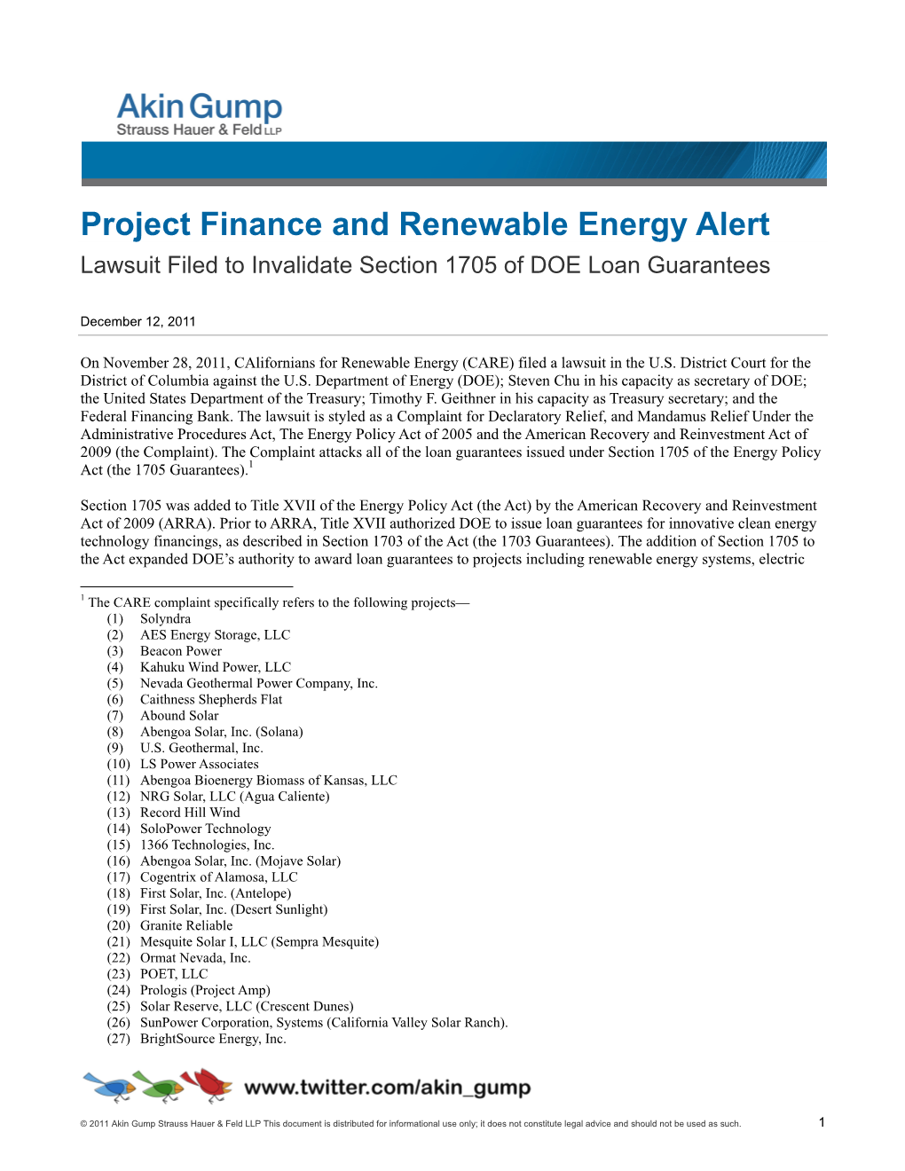 Project Finance and Renewable Energy Alert Lawsuit Filed to Invalidate Section 1705 of DOE Loan Guarantees