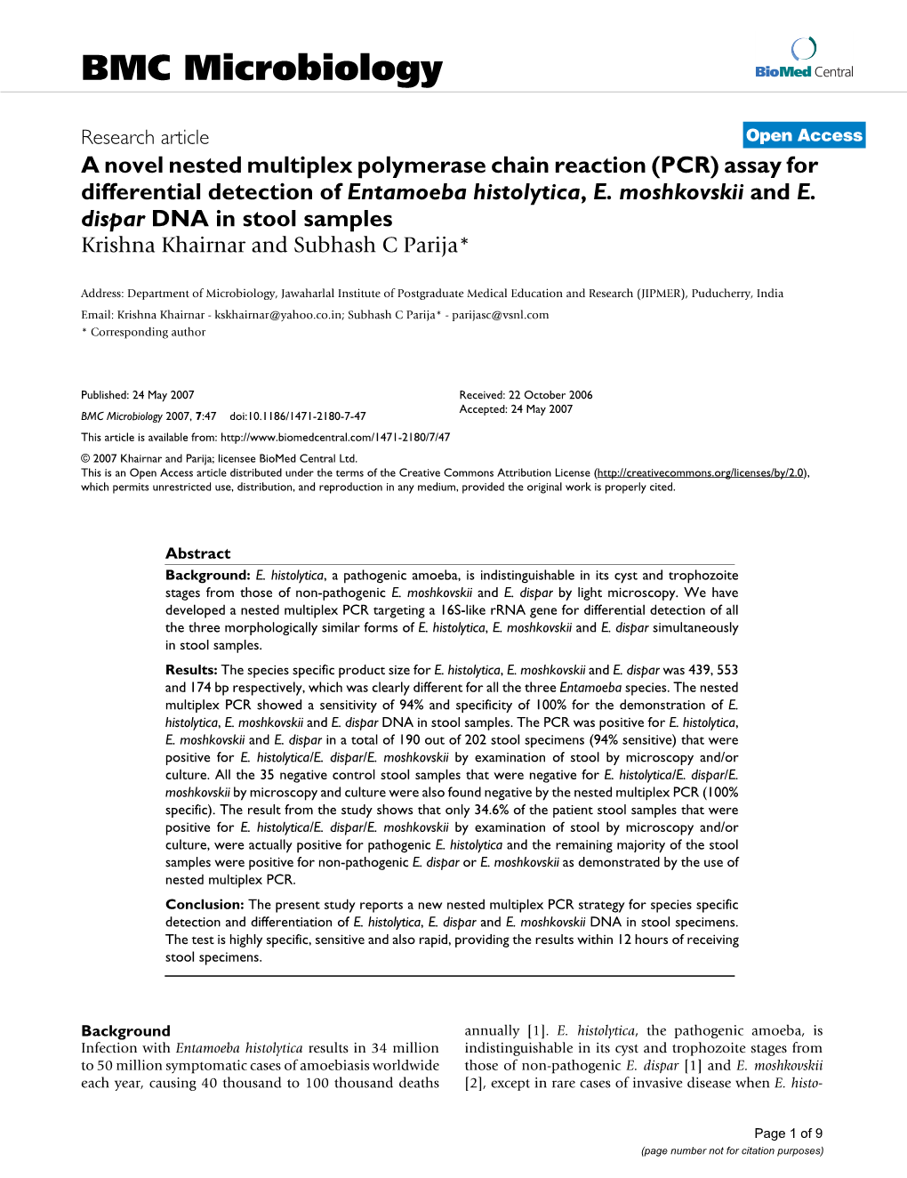 A Novel Nested Multiplex Polymerase Chain Reaction (PCR) Assay for Differential Detection of Entamoeba Histolytica, E