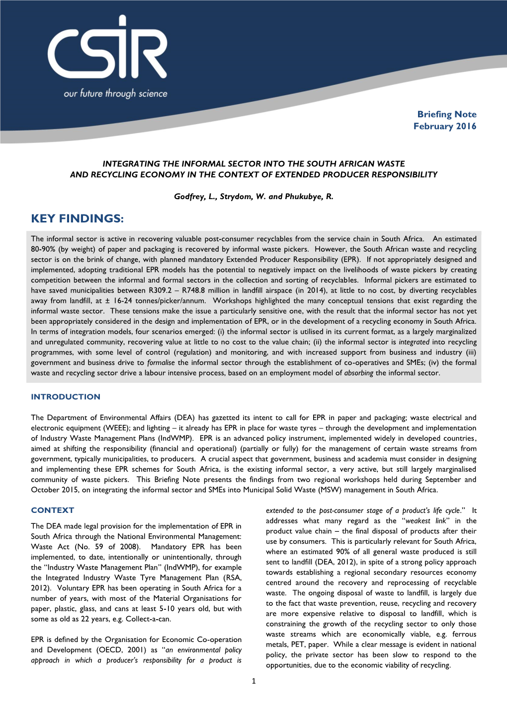 Integrating the Informal Sector Into the South African Waste and Recycling Economy in the Context of Extended Producer Responsibility