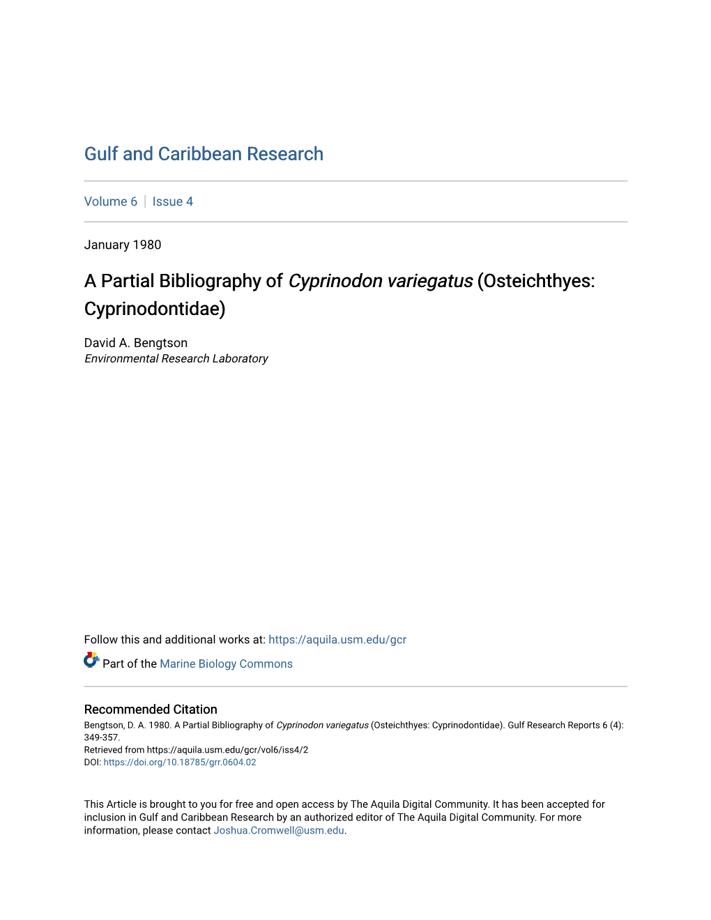 A Partial Bibliography of Cyprinodon Variegatus (Osteichthyes: Cyprinodontidae)