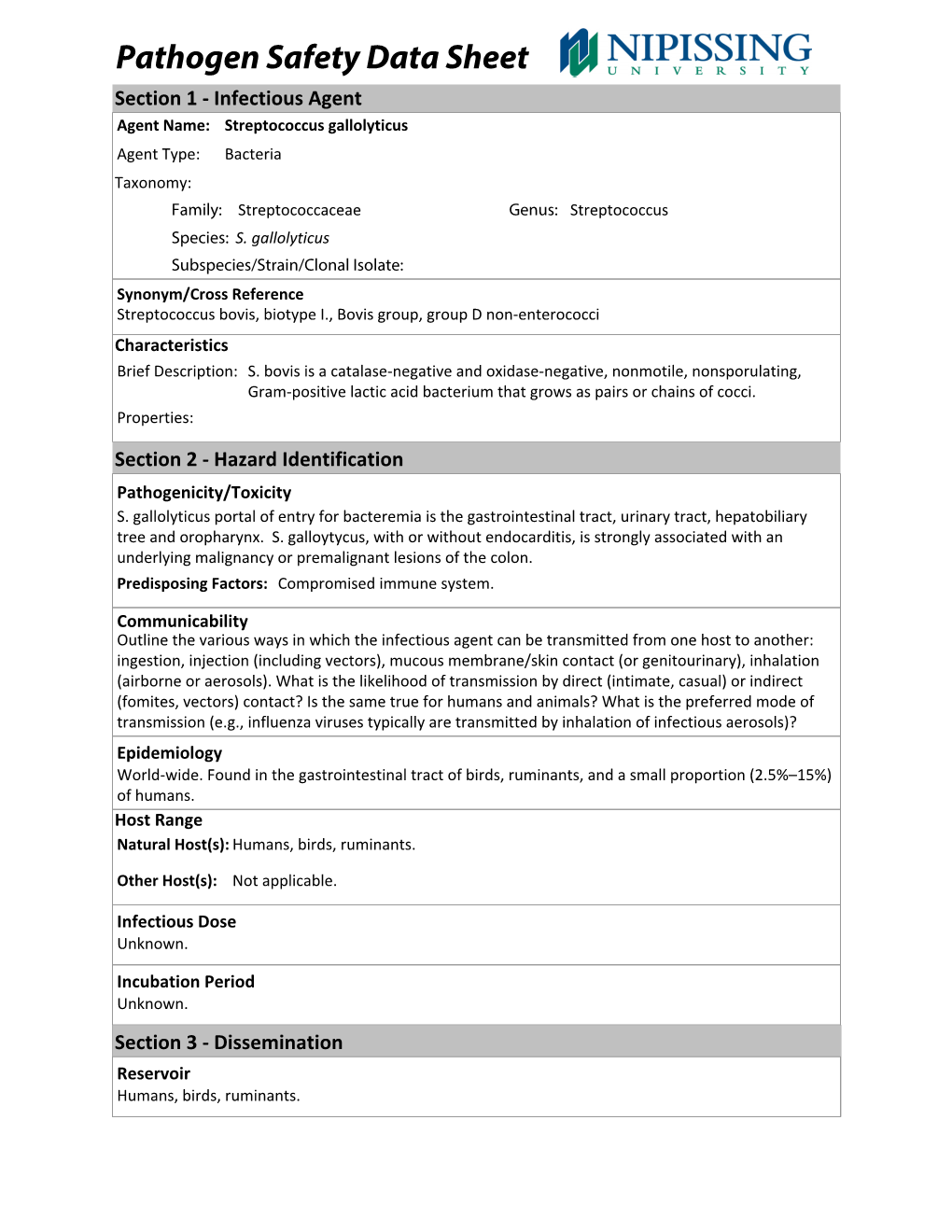 Pathogen Safety Data Sheet