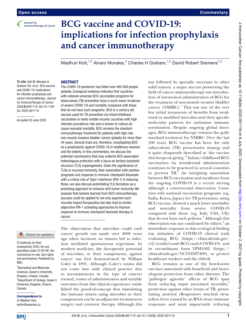 BCG Vaccine and COVID-19: J Immunother Cancer: First Published As 10.1136/Jitc-2020-001119 on 6 July 2020