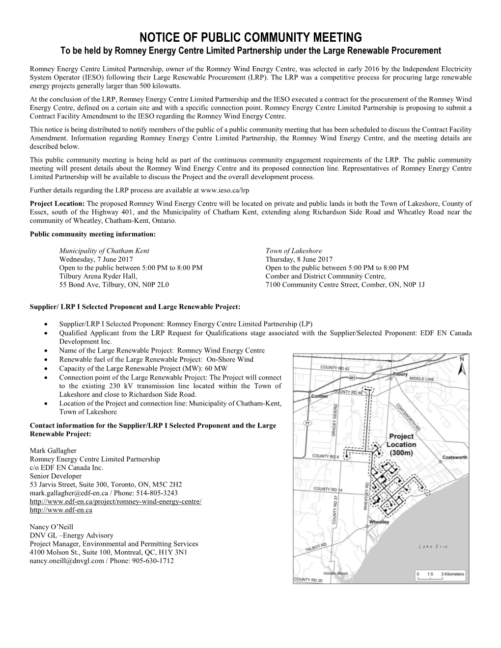 NOTICE of PUBLIC COMMUNITY MEETING to Be Held by Romney Energy Centre Limited Partnership Under the Large Renewable Procurement