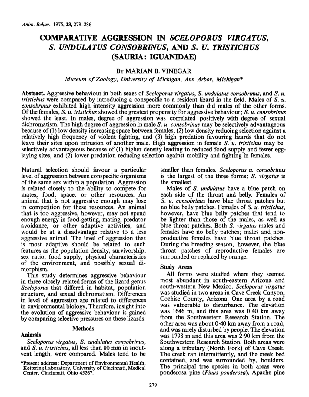 Comparative Aggression in Sceloporus Virgatus, S