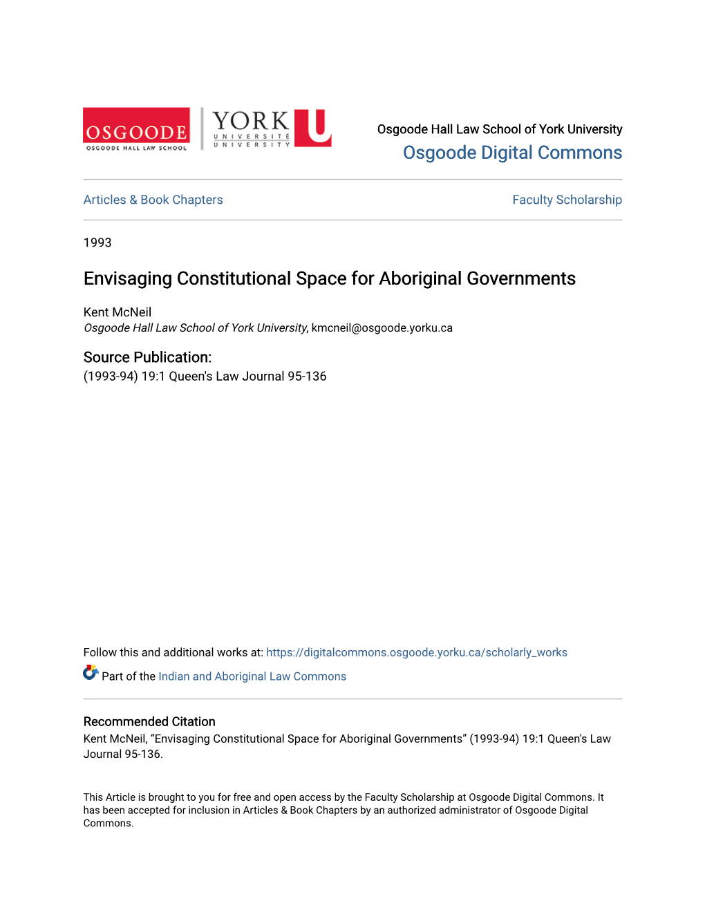 Envisaging Constitutional Space for Aboriginal Governments