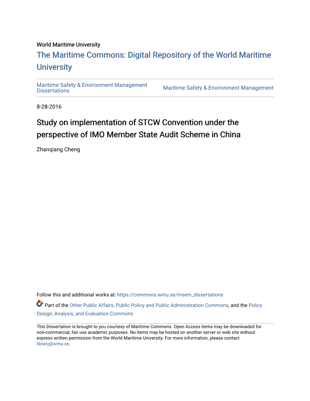 Study on Implementation of STCW Convention Under the Perspective of IMO Member State Audit Scheme in China