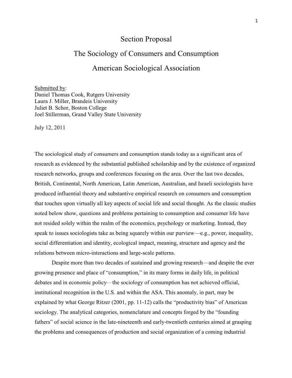 Section Proposal the Sociology of Consumers and Consumption