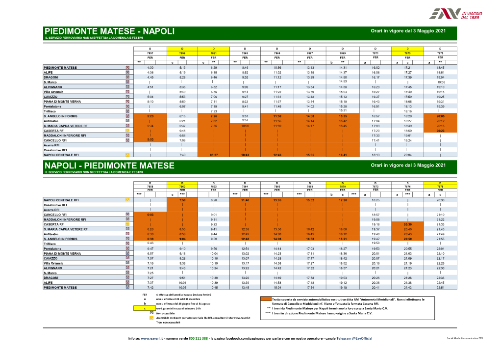 Tabella Orari Napoli-Piedimonte Matese Dal 03 Maggio 2021