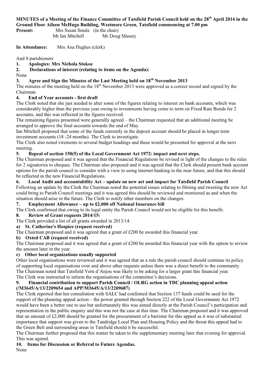 MINUTES of a Meeting of the Finance Committee of Tatsfield Parish