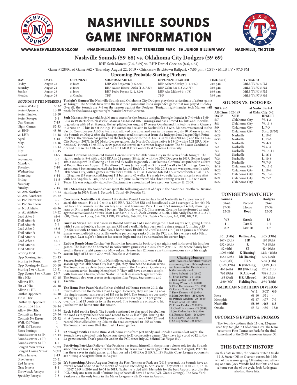 Nashville Sounds Game Information @Nashvillesounds First Tennessee Park 19 Junior Gilliam Way Nashville, TN 37219 Nashville Sounds (59-68) Vs