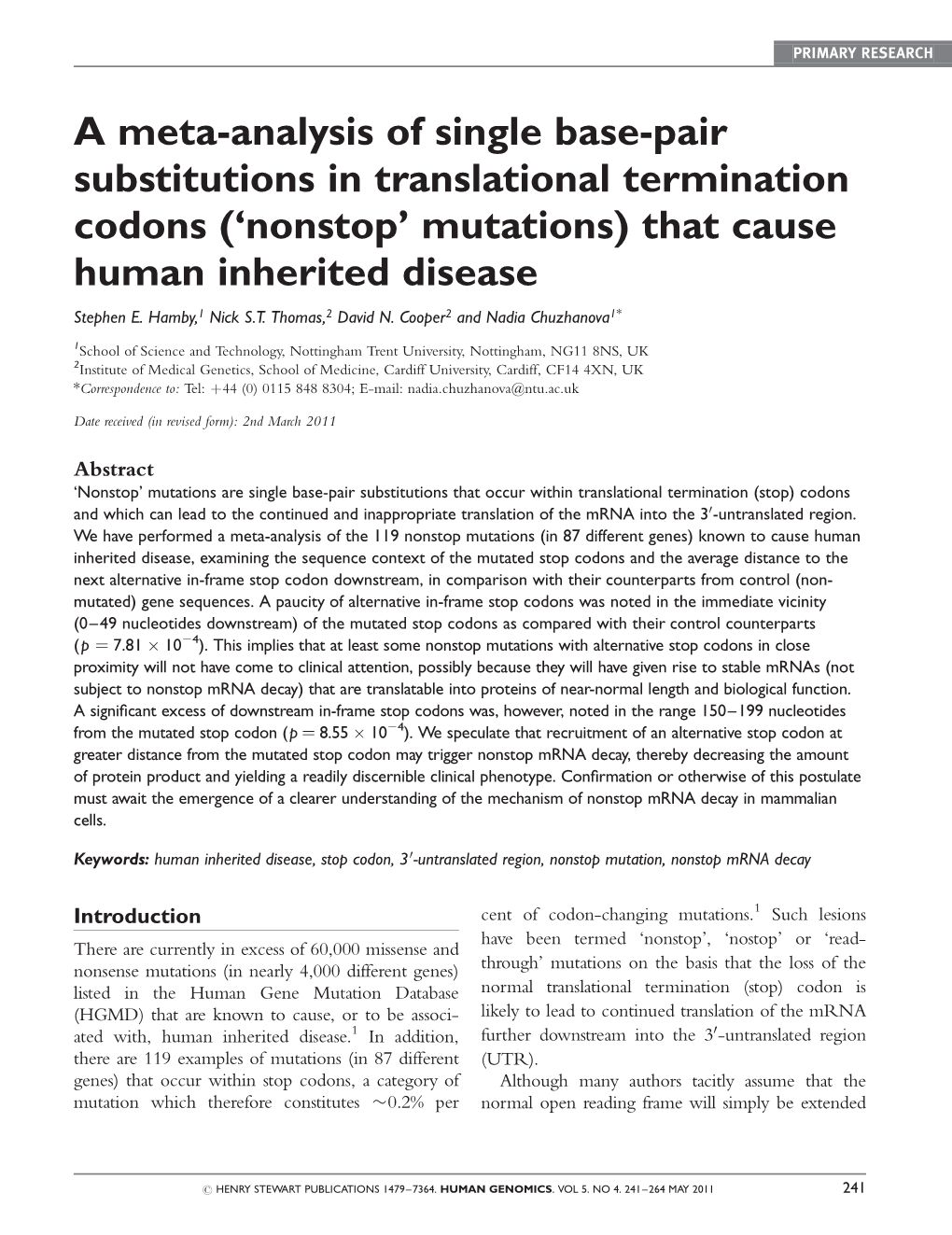 ('Nonstop' Mutations) That Cause Human Inherited Disease