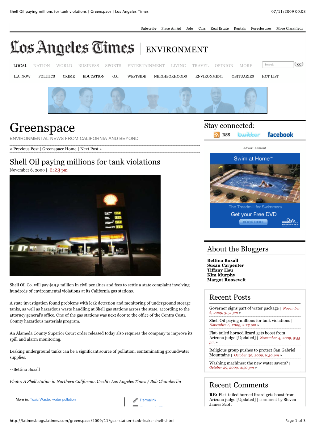 Shell Oil Paying Millions for Tank Violations | Greenspace | Los Angeles Times 07/11/2009 00:08