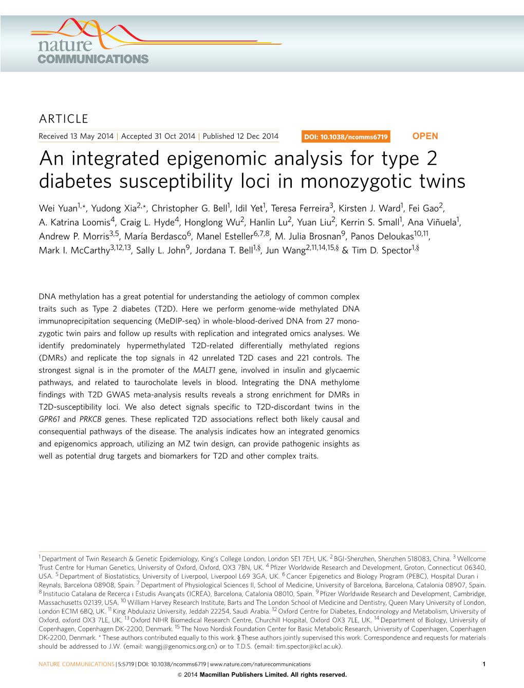 An Integrated Epigenomic Analysis for Type 2 Diabetes Susceptibility Loci in Monozygotic Twins