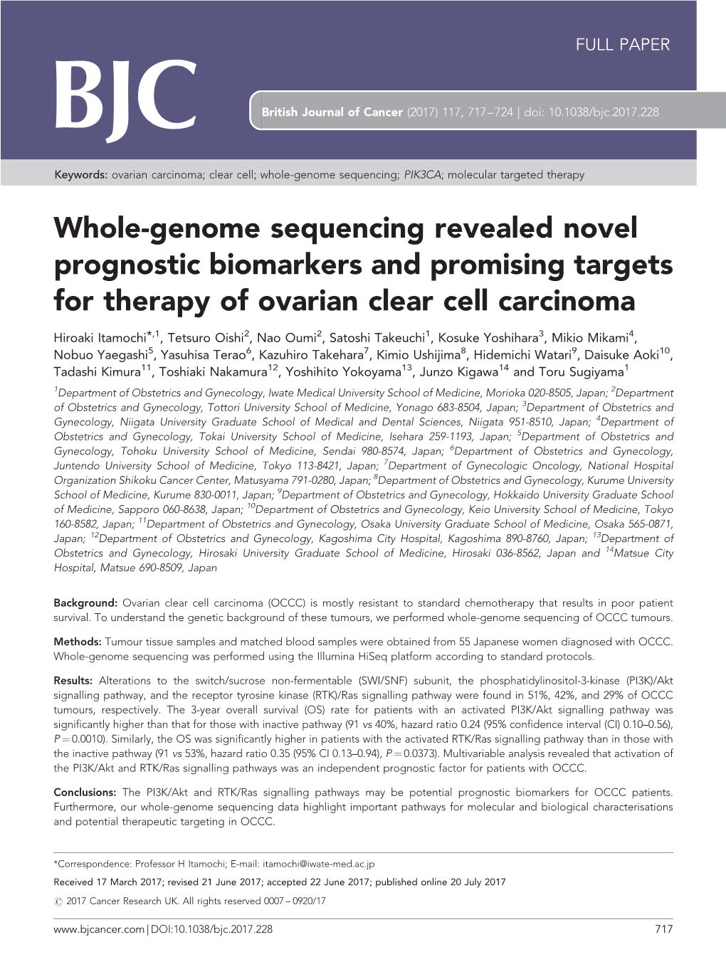 Whole-Genome Sequencing Revealed Novel Prognostic Biomarkers and Promising Targets for Therapy of Ovarian Clear Cell Carcinoma