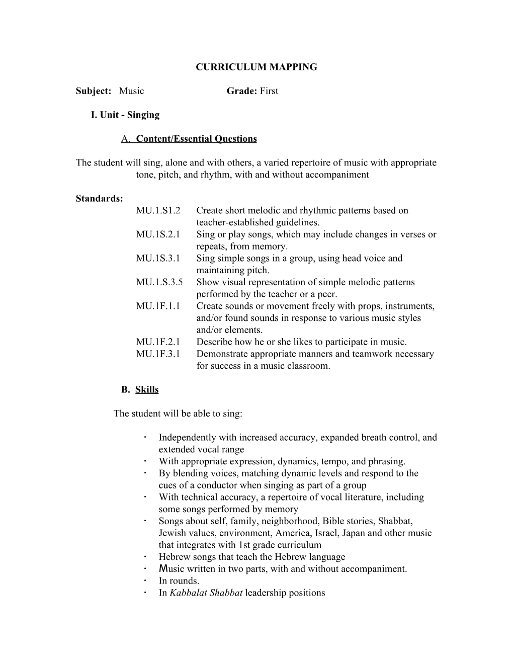 CURRICULUM MAPPING Subject:​ Music Grade:​First ​I. Unit