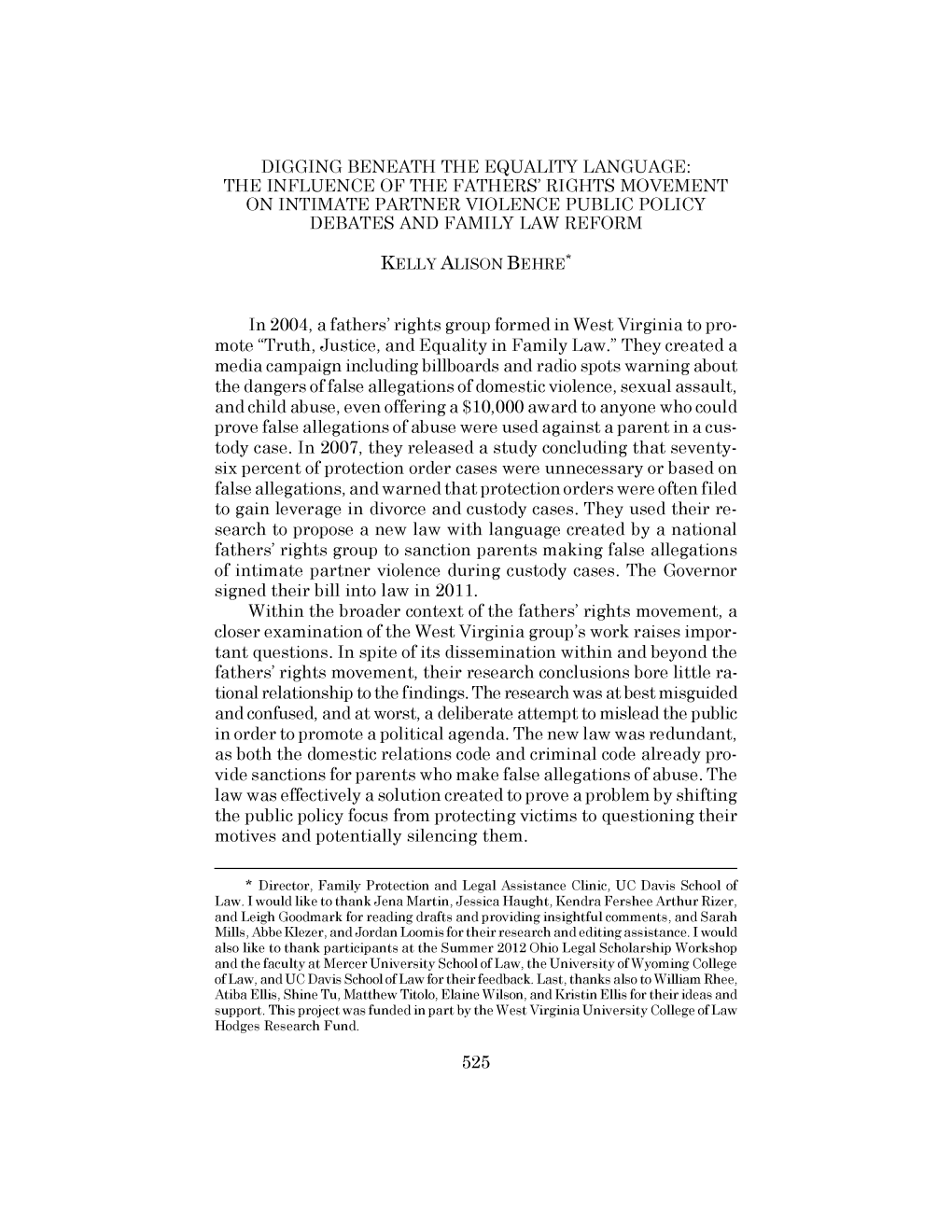 Digging Beneath the Equality Language: the Influence of the Fathers' Rights Movement on Intimate Partner Violence Public Policy Debates and Family Law Reform