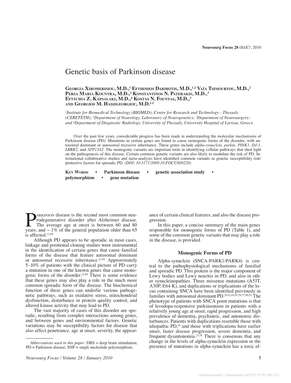 Genetic Basis of Parkinson Disease