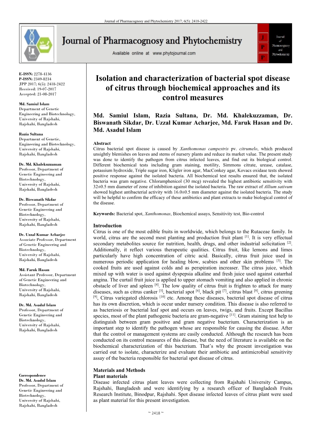 Isolation and Characterization of Bacterial Spot Disease of Citrus Through Biochemical Approaches and Its Control Measures