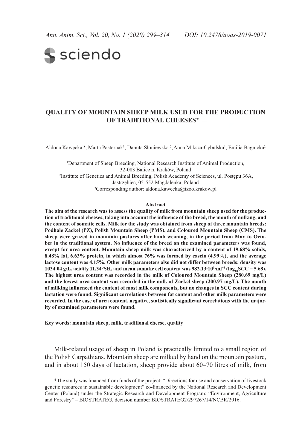 Quality of Mountain Sheep Milk Used for the Production of Traditional Cheeses* *