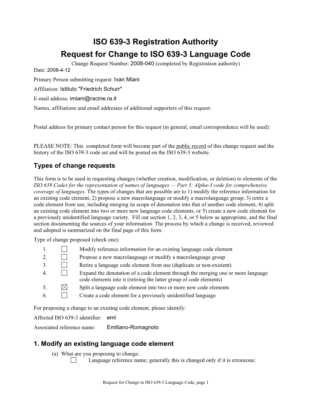 Iso639-3@Sil.Org an Email Attachment of This Completed Form Is Preferred