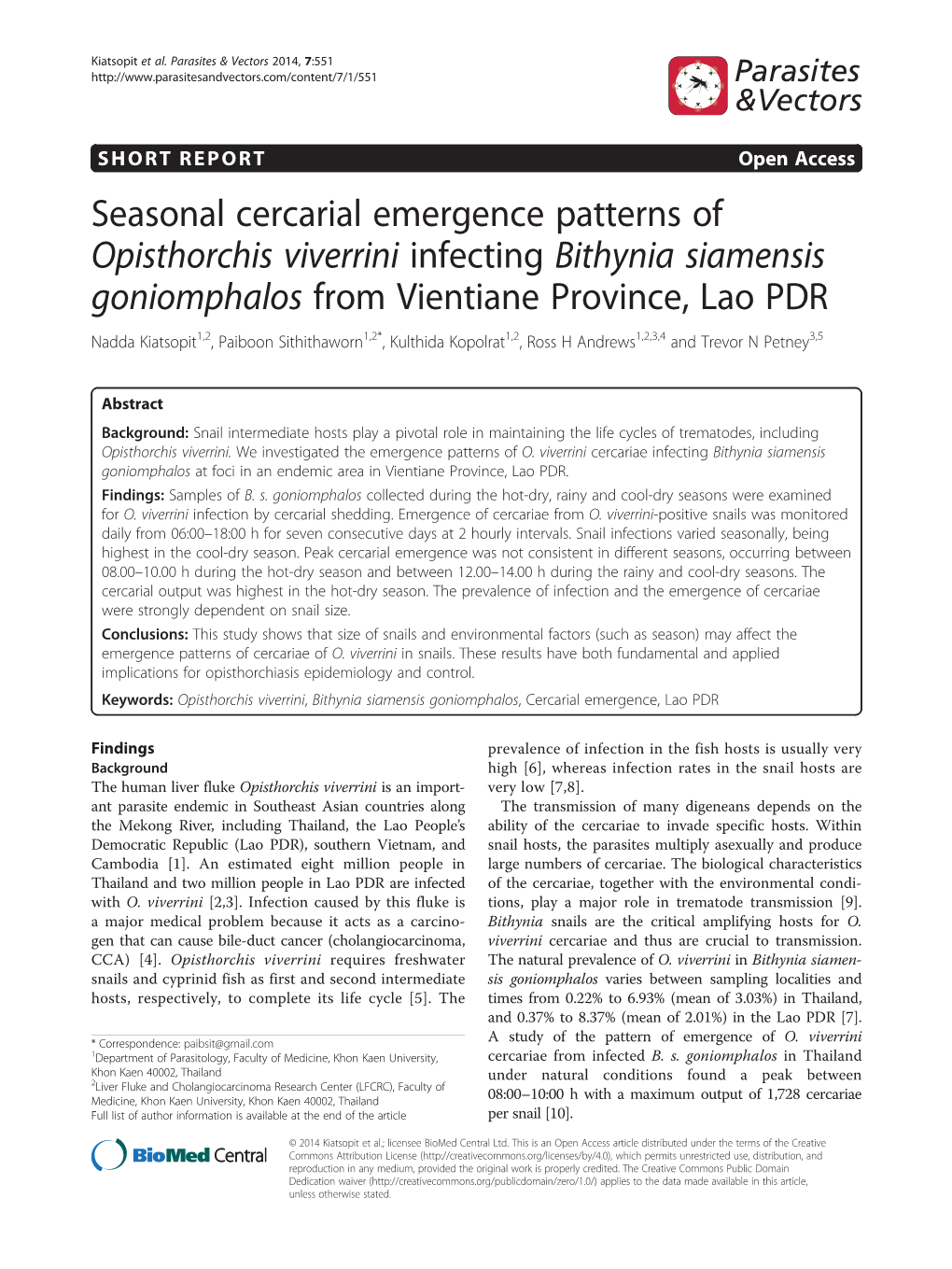 Seasonal Cercarial Emergence Patterns of Opisthorchis Viverrini Infecting Bithynia Siamensis Goniomphalos from Vientiane Provinc