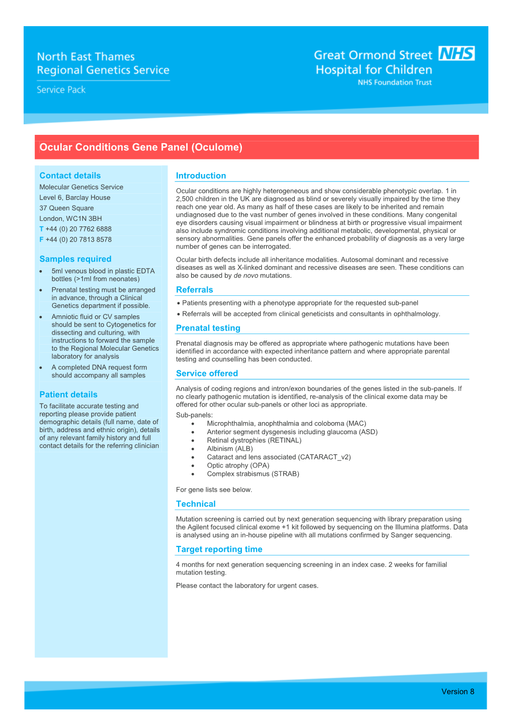 Ocular Conditions Gene Panel (Oculome)