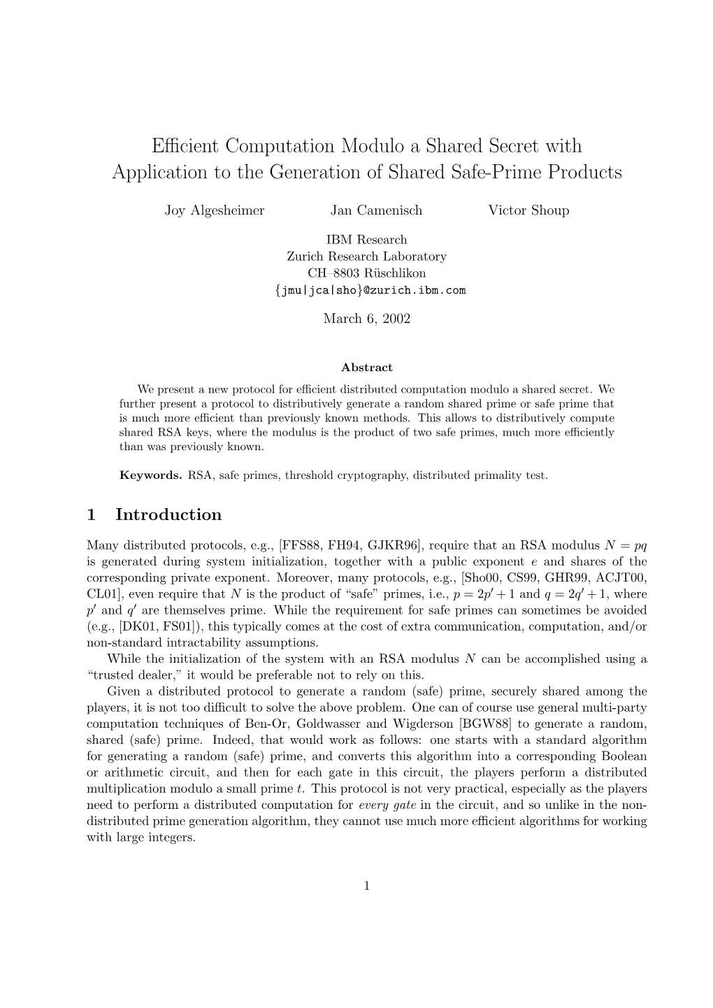 Efficient Computation Modulo a Shared Secret with Application To