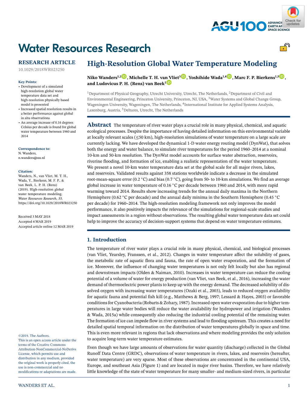 High‐Resolution Global Water Temperature Modeling