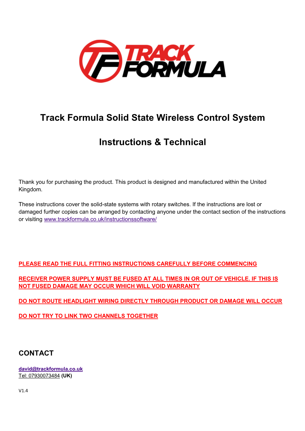Track Formula Solid State Wireless Control System Instructions