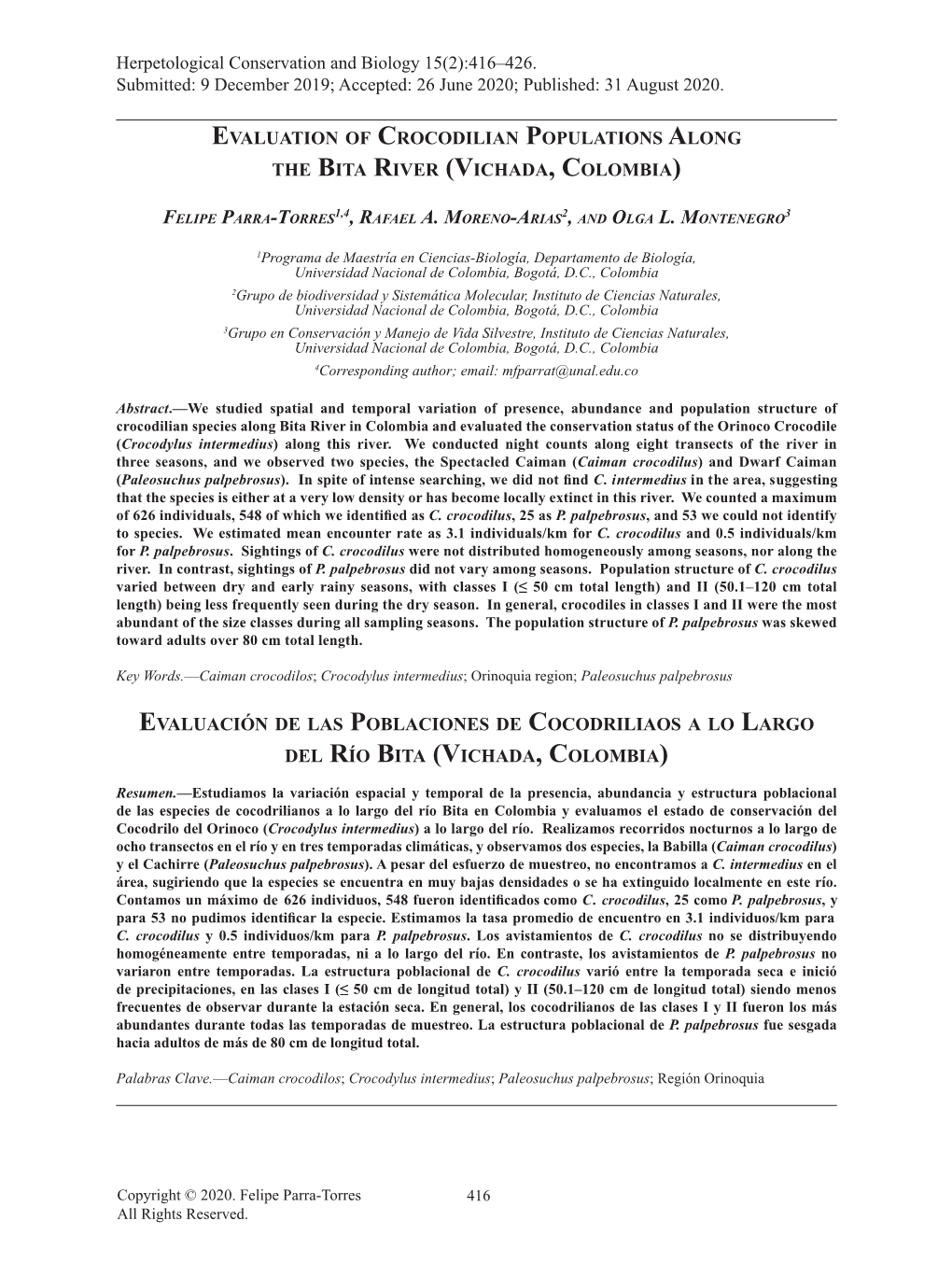 Evaluation of Crocodilian Populations Along the Bita River (Vichada, Colombia)