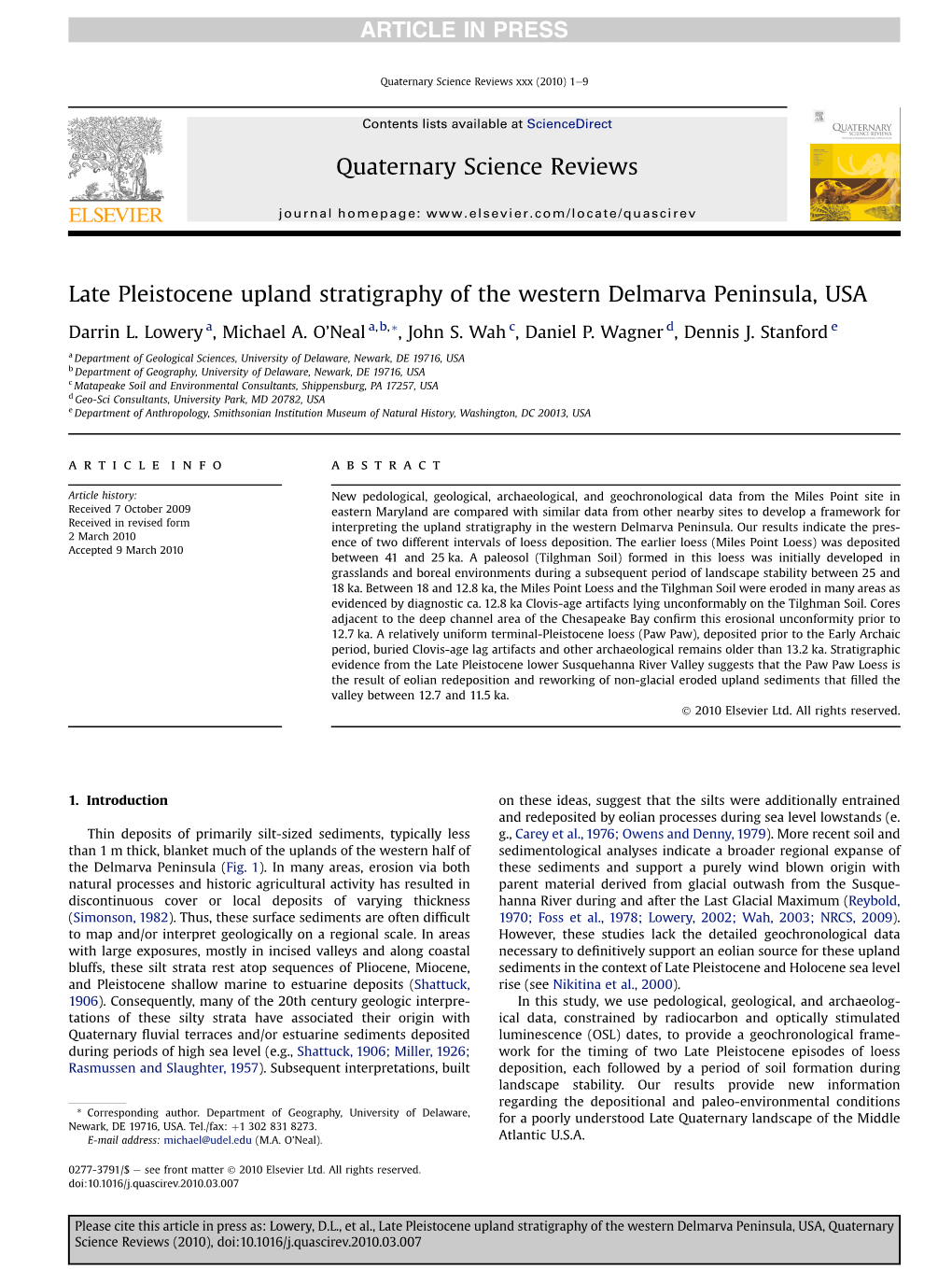 Late Pleistocene Upland Stratigraphy of the Western Delmarva Peninsula, USA