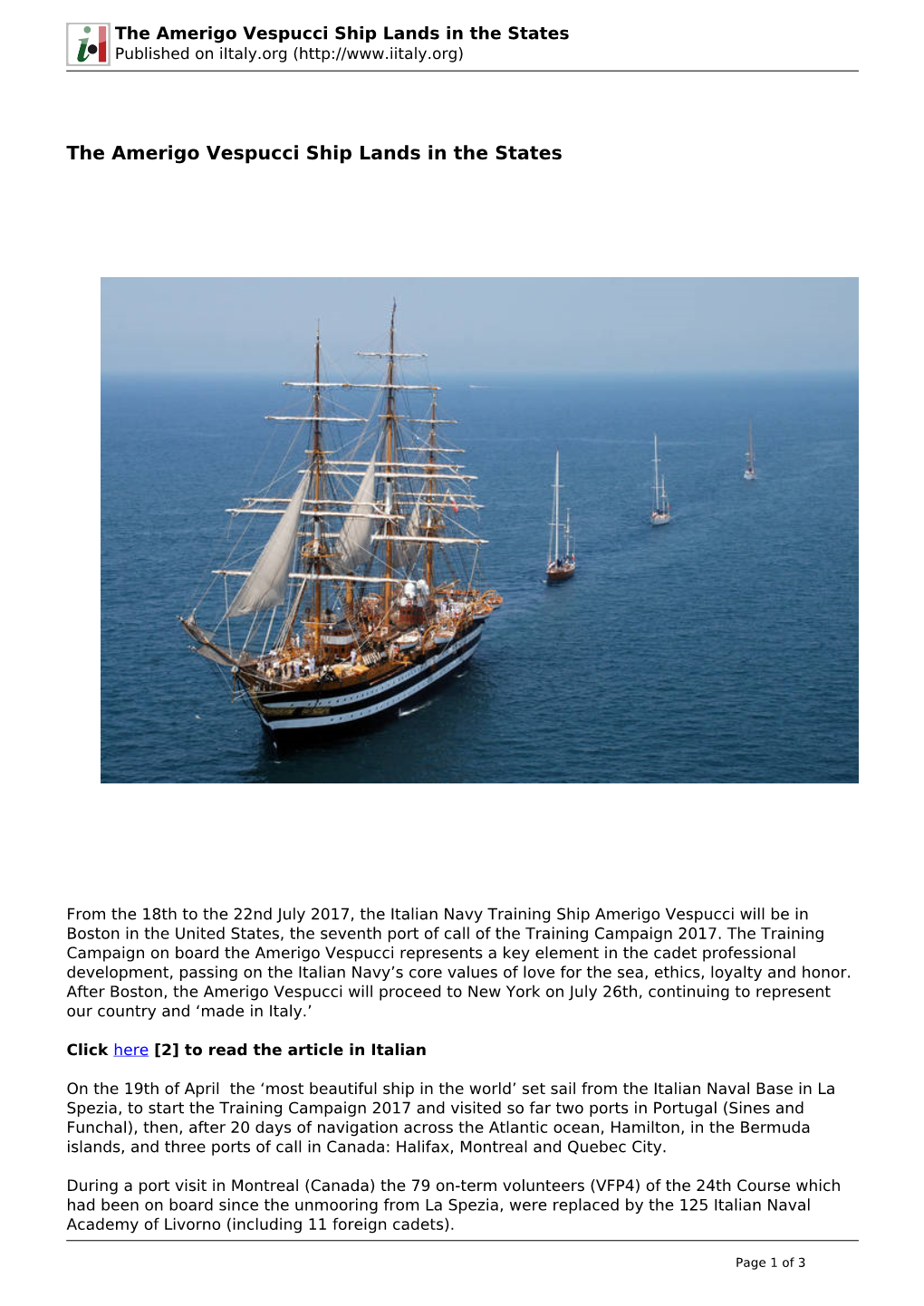 The Amerigo Vespucci Ship Lands in the States Published on Iitaly.Org (