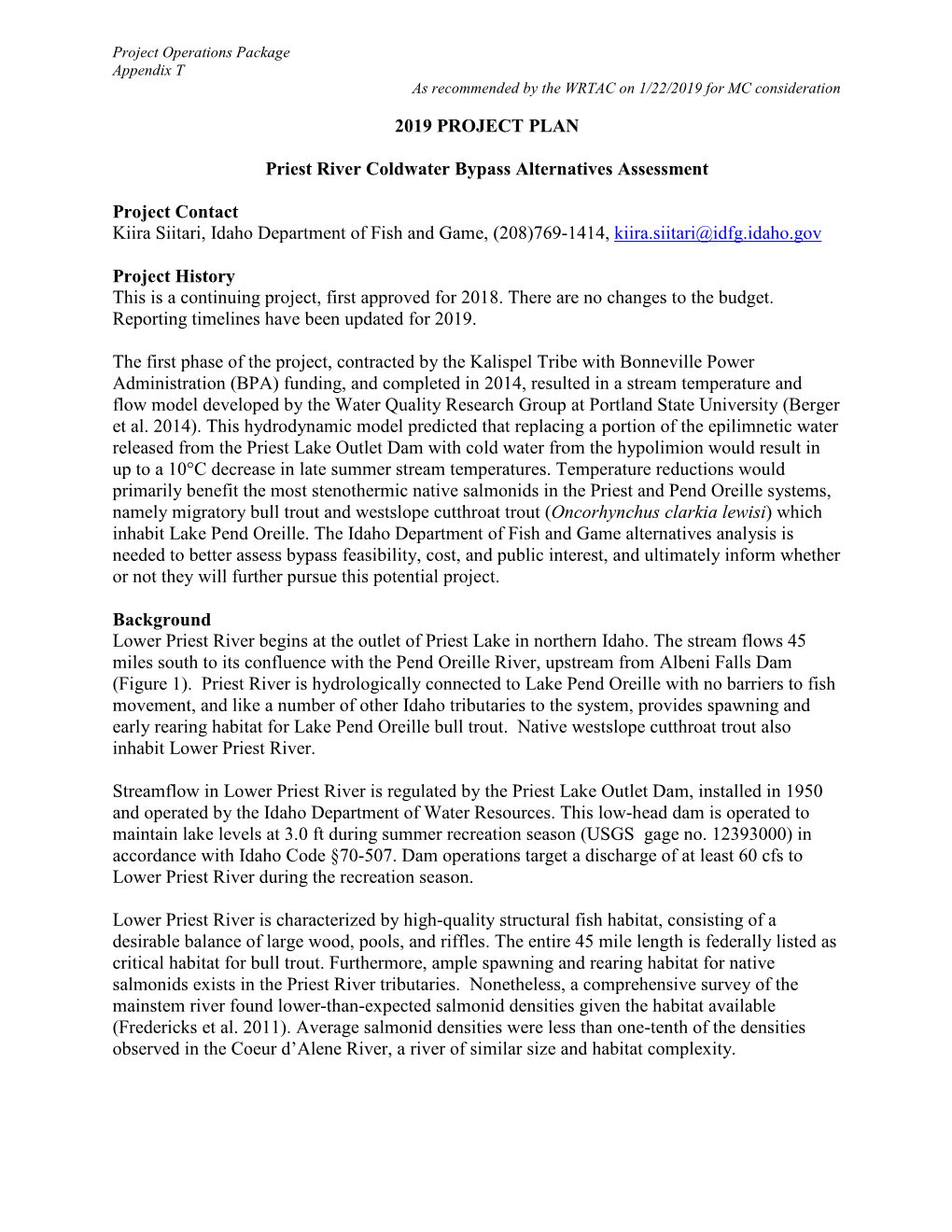 2019 PROJECT PLAN Priest River Coldwater Bypass Alternatives