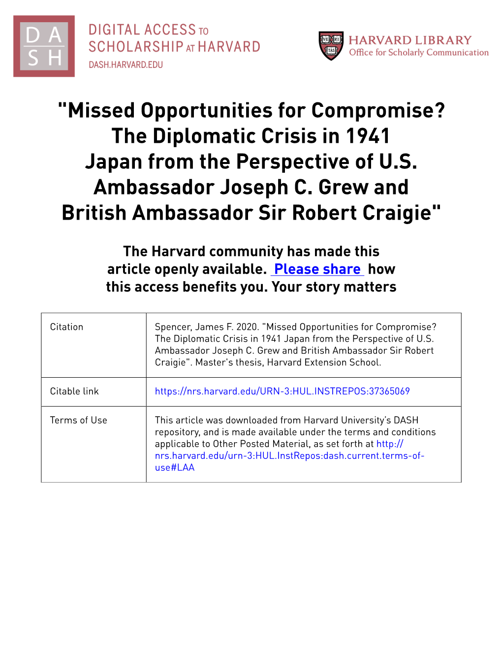 Missed Opportunities for Compromise? the Diplomatic Crisis in 1941 Japan from the Perspective of US Ambassador Joseph C