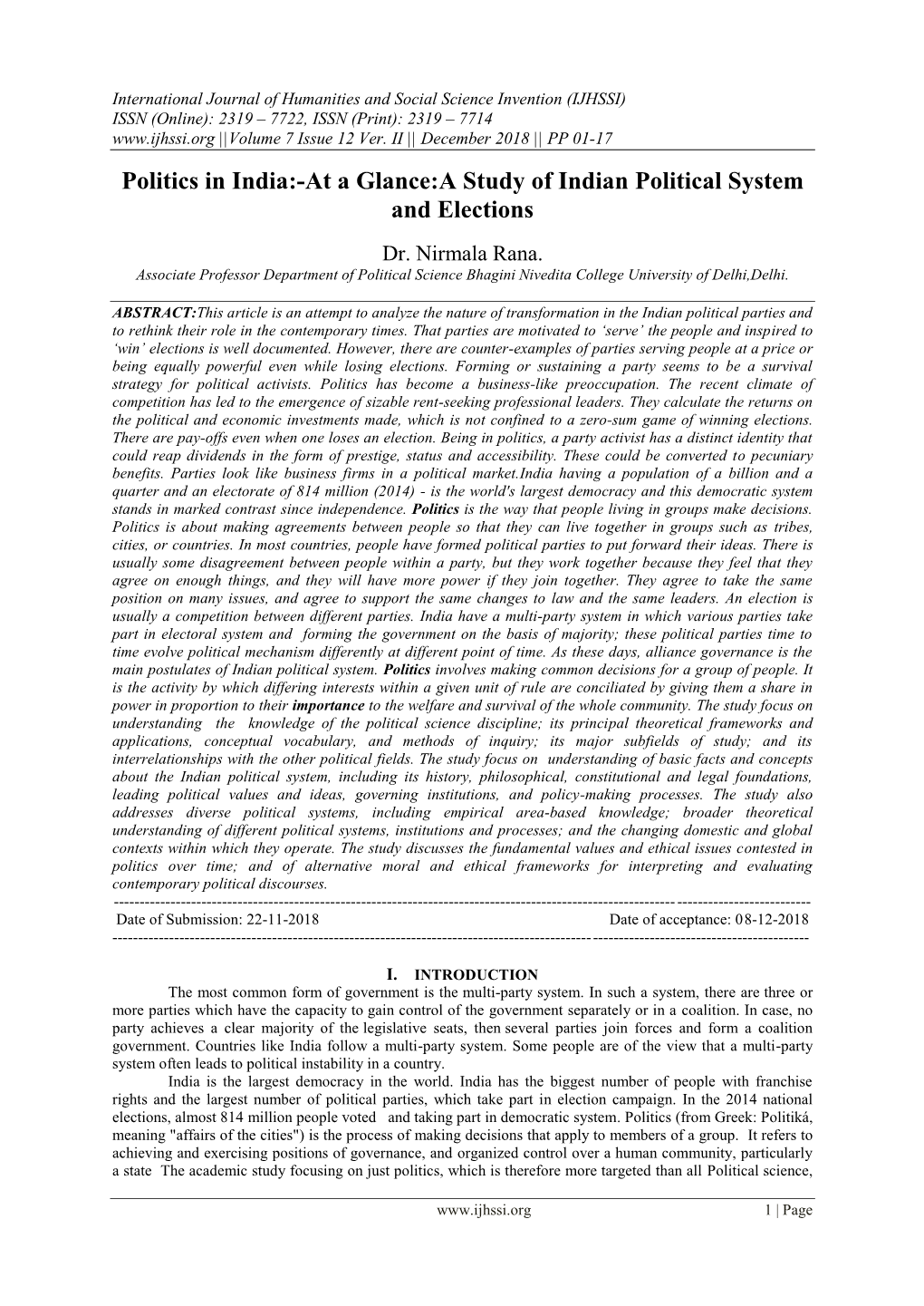 Politics in India:-At a Glance:A Study of Indian Political System and Elections