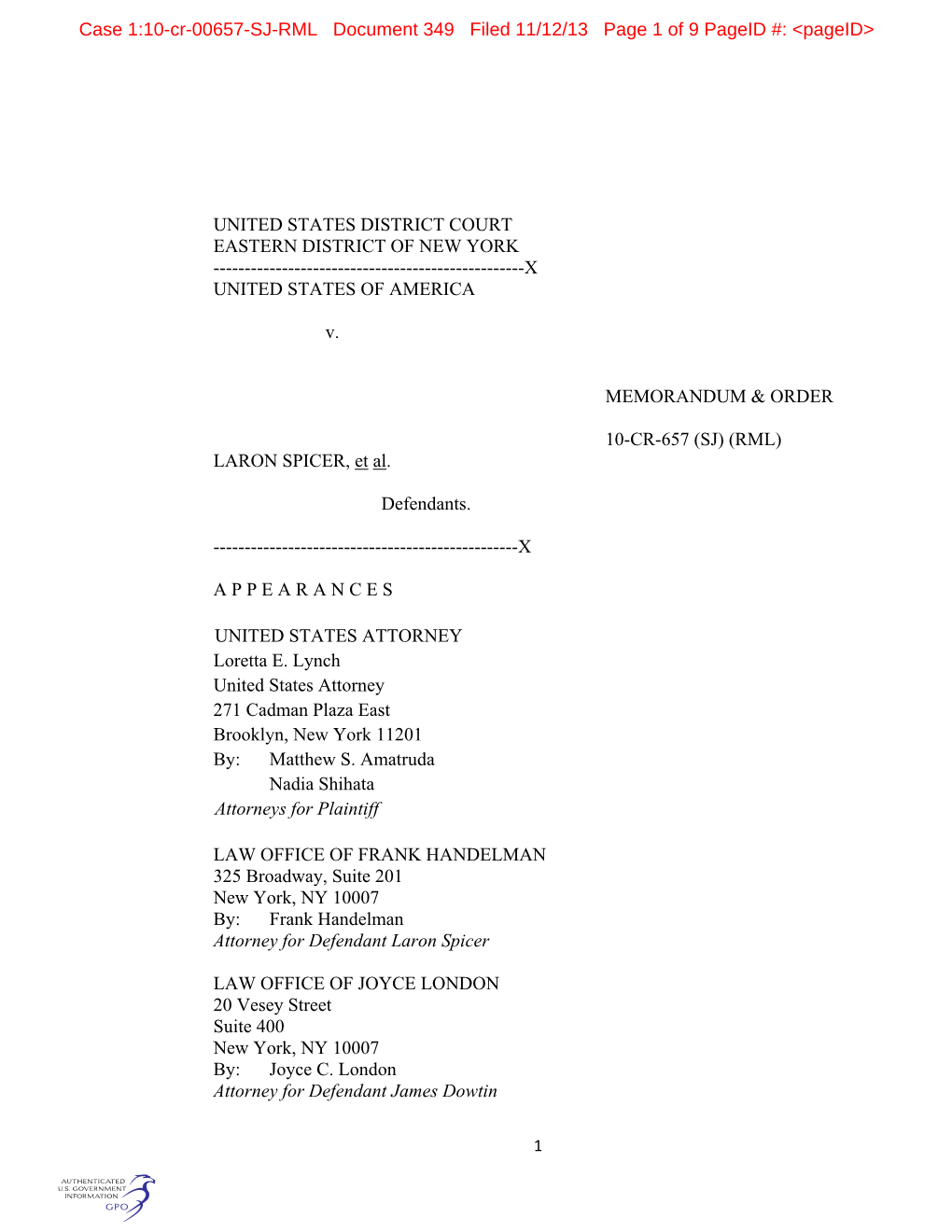 United States District Court Eastern District of New York ------X United States of America