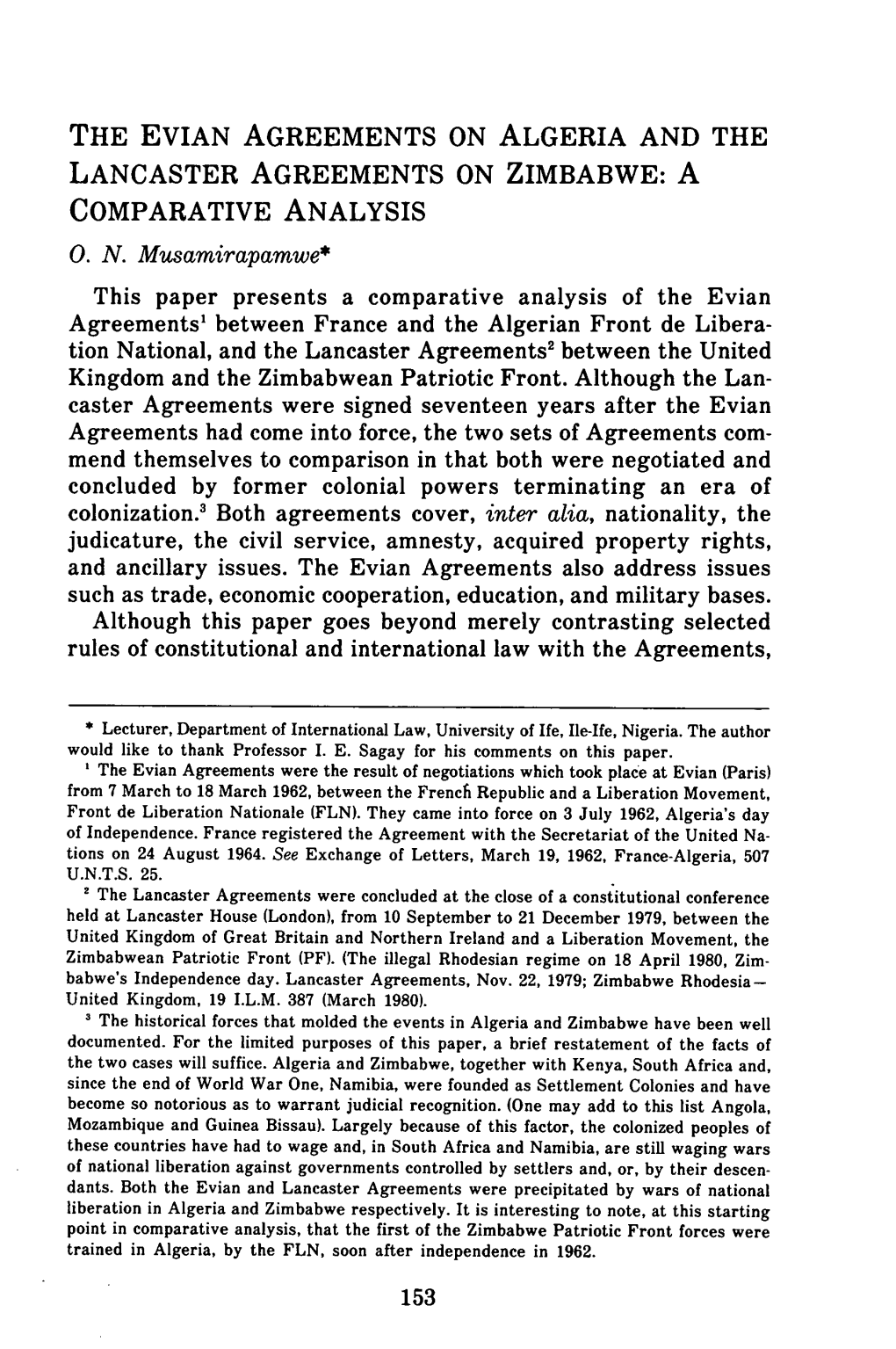 Evian Agreements on Algeria and the Lancaster Agreements on Zimbabwe: a Comparative Analysis