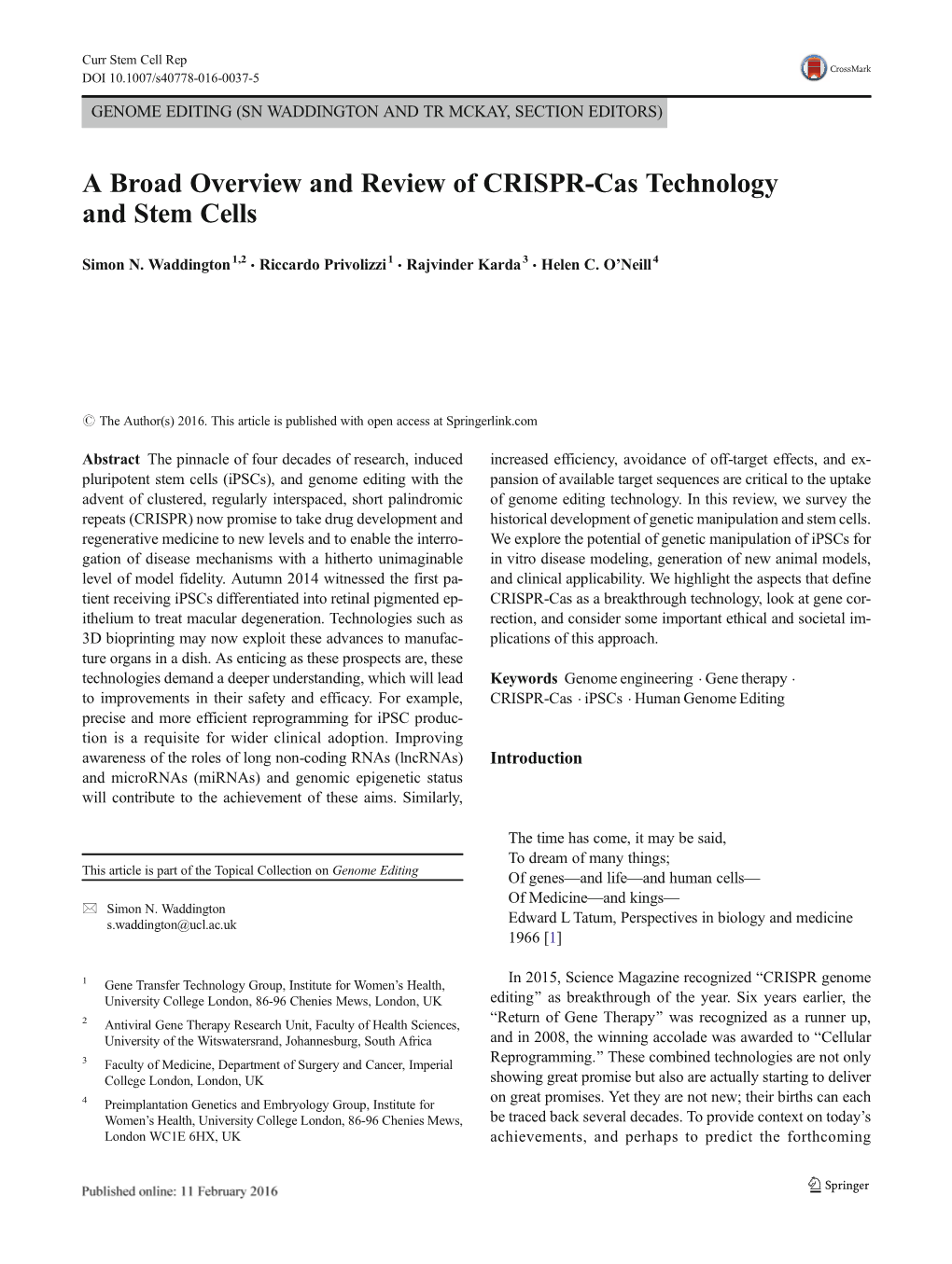 A Broad Overview and Review of CRISPR-Cas Technology and Stem Cells