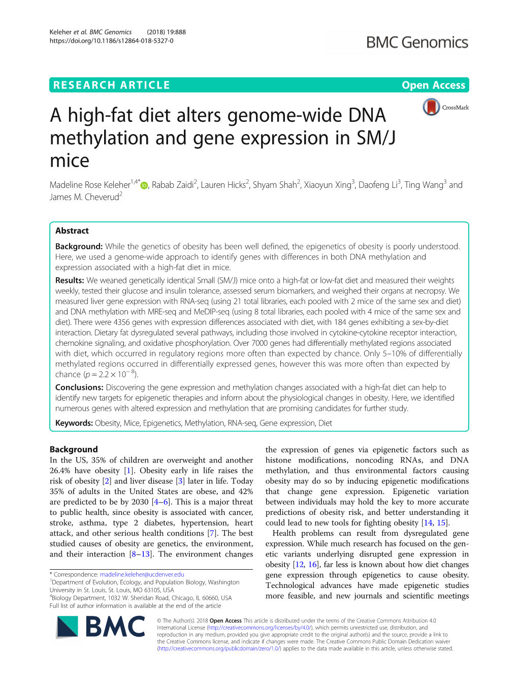 A High-Fat Diet Alters Genome-Wide DNA Methylation and Gene Expression in SM/J Mice